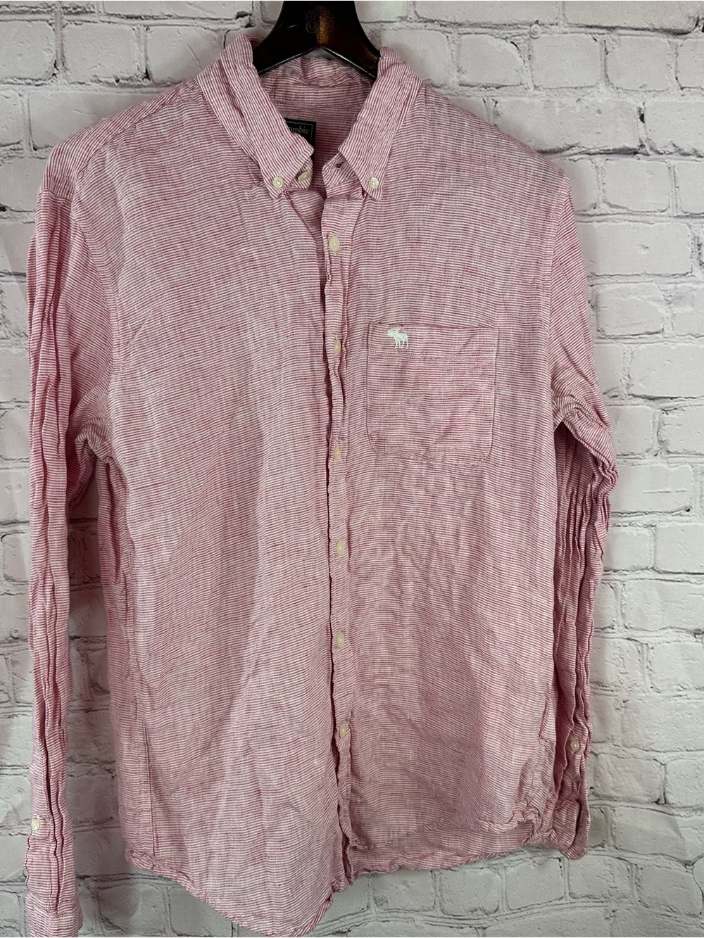 Abercrombie & Fitch red Striped Button-Down linen Shirt mens L classic beach